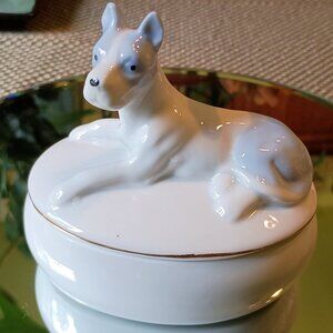Boxer Great Dane Lidded Oval Trinket Box Vintage Japan Porcelain Lladro Style
